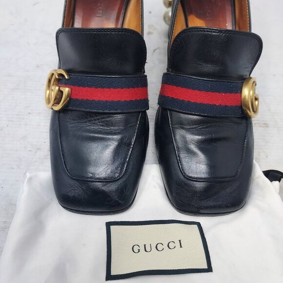 GUCCI BLACK GG PEYTON PEARL LEATHER HEEL SHOE - Picture 6 of 12